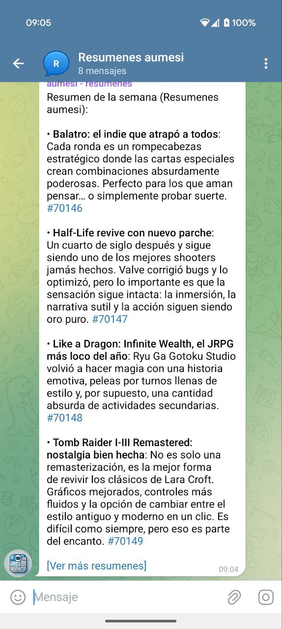 Screenshot of Aumesi showing an automatic summary of messages in a Telegram group